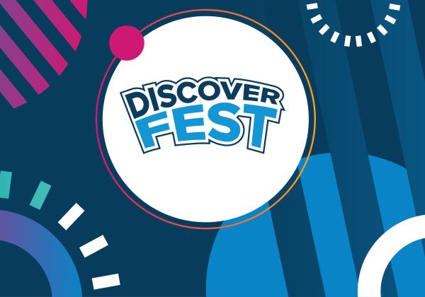 DiscoverFest logo in two shades of blue over a colourful background. 