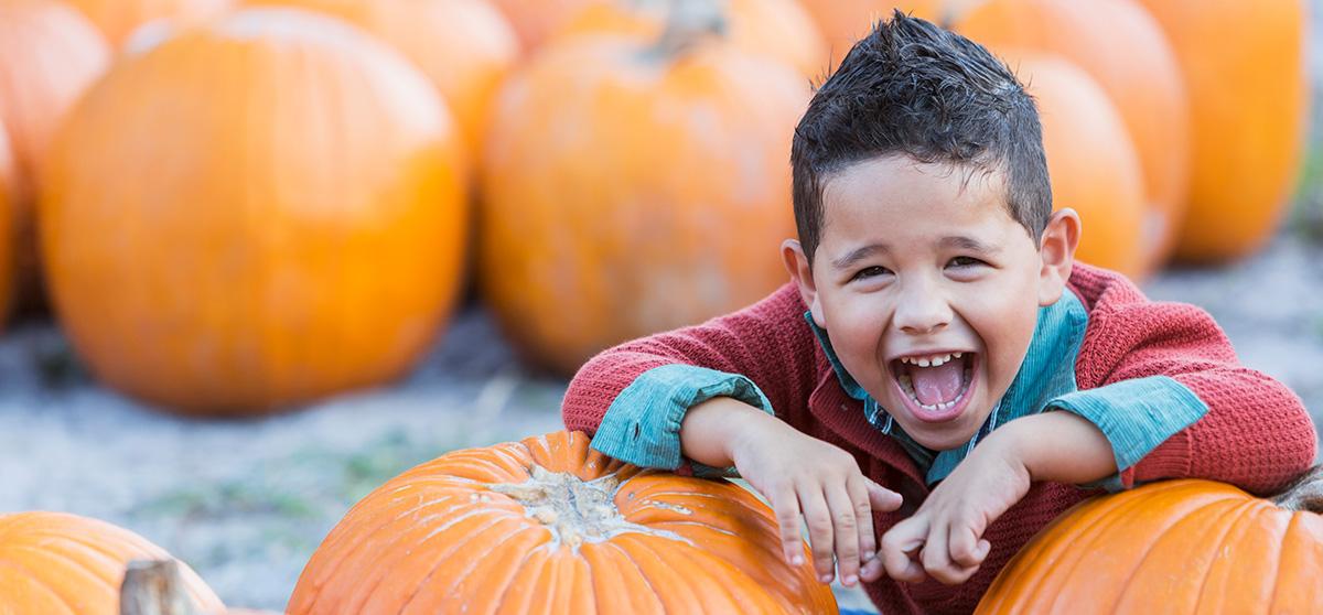 Gleeful looking child with pumpkins