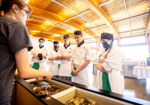 Students looking at oysters in a research lab.
