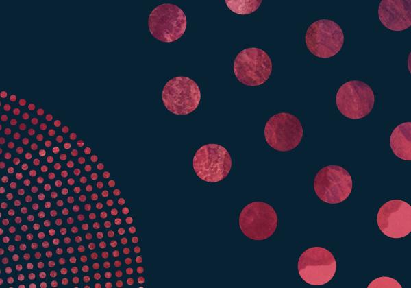 Seed and circle pattern in textured reds over dark blue. 