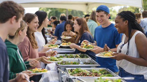 students having lunch at rockviu student orientation event