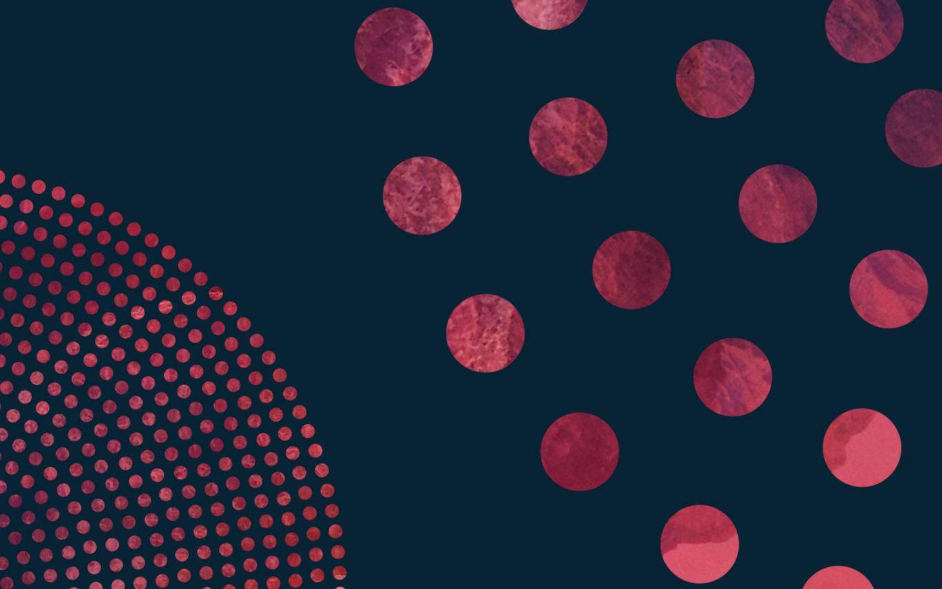 Seed and circle pattern in textured reds over dark blue. 